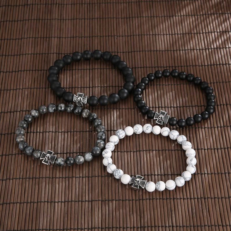 Kemstone Black Onyx Skull Bracelet – Gothic Cross, Howlite & Tiger Eye Beads with Adjustable Titanium Steel Chain for Men KB70686-BD