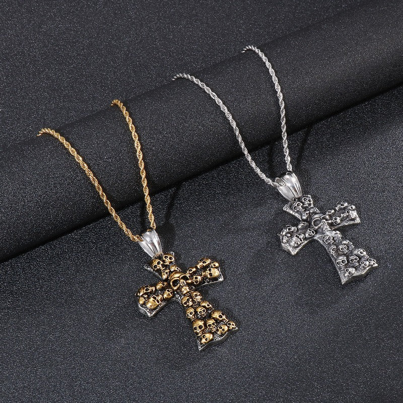 Kemstone Gothic Skull Cross Necklace – Matte Black Punk Pendant for Men KP55728-B