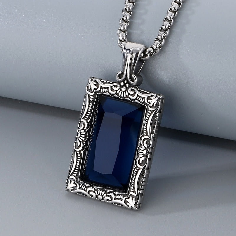 Kemstone Vintage Square Pendant – Titanium Steel Necklace with Scrollwork & Blue-Black Stone | Gothic Street Style for Men KP130520-TGX