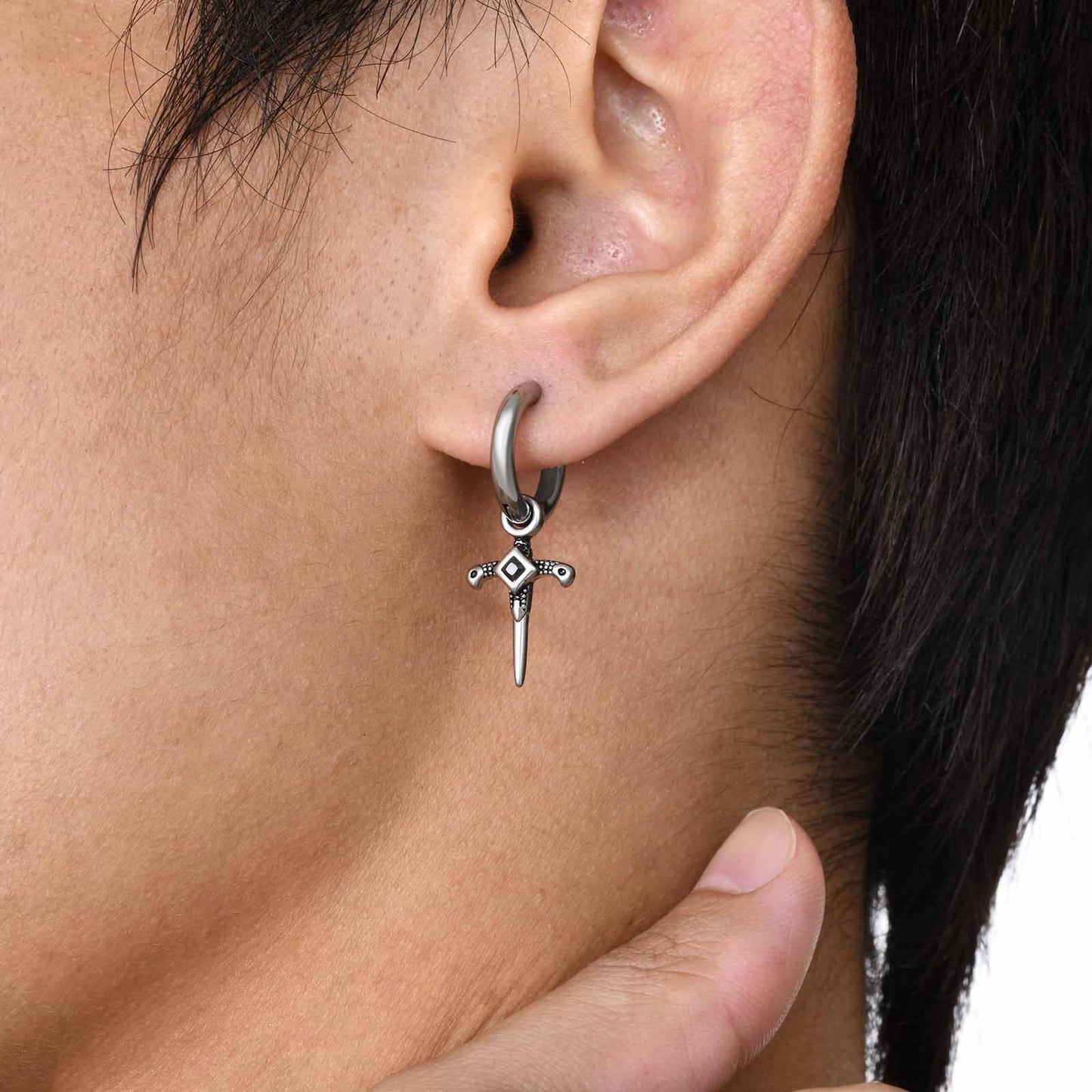 Men's Gothic Cross Hoop Earring – Stainless Steel Sword & Spear Designs ED-684