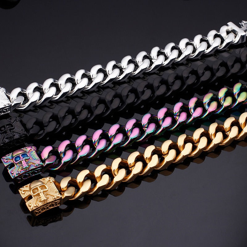 Kemstone Titanium Steel Skull Cuban Chain Bracelet – Bold Streetwear Men’s Accessory KB69725-BD