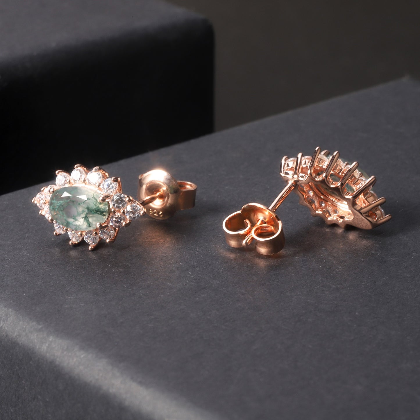 Kemstone Vintage Oval Moss Agate Stud Earrings – Rose Gold Plated 925 Sterling Silver | Dainty Natural Gemstone Jewelry for Women
