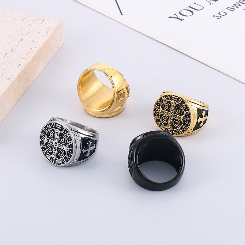 Kemstone Viking Rune Titanium Ring with Blackened Cross Design KR107707