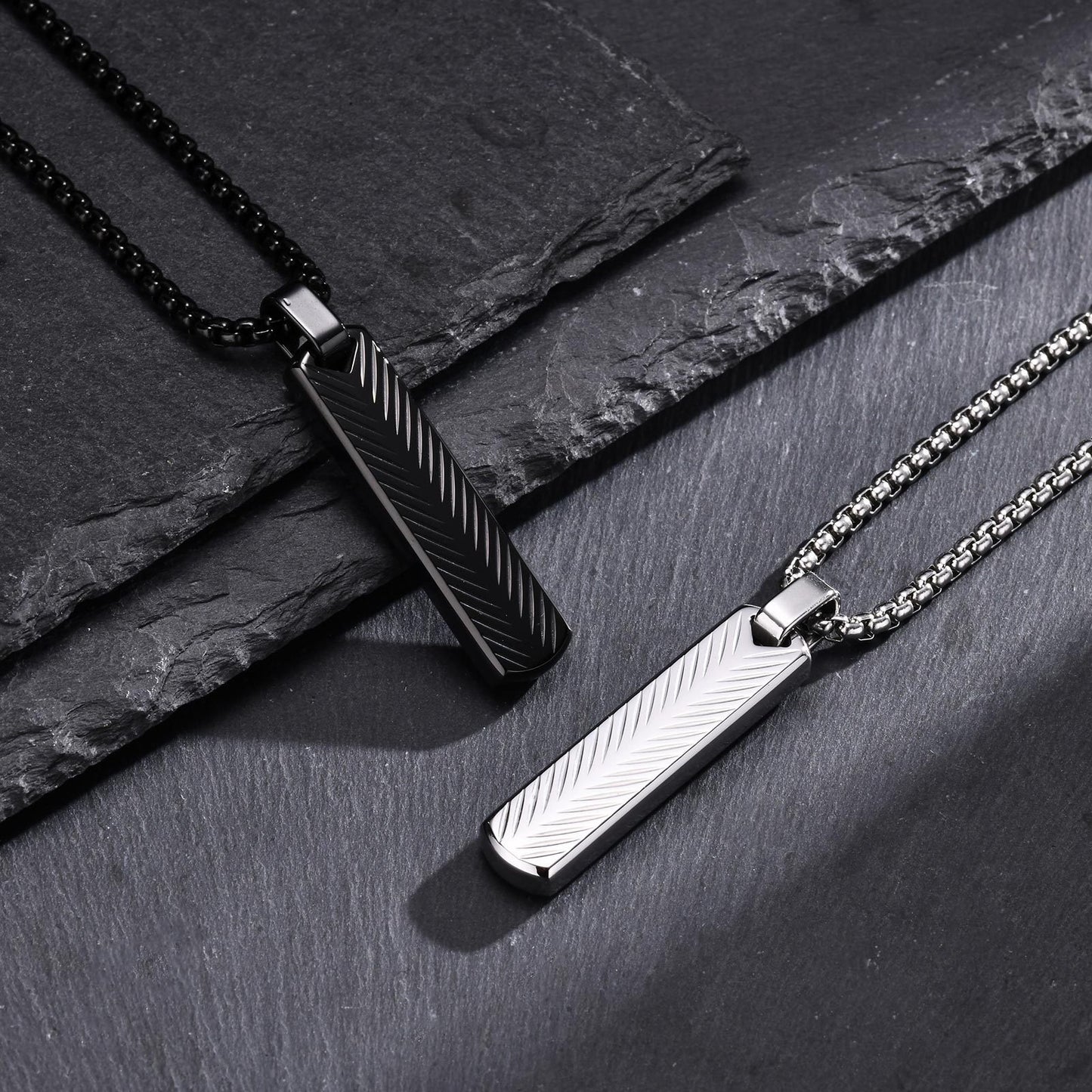 Geometric Bar Pendant Necklace for Men | Stainless Steel Chevron Engraved PN2071