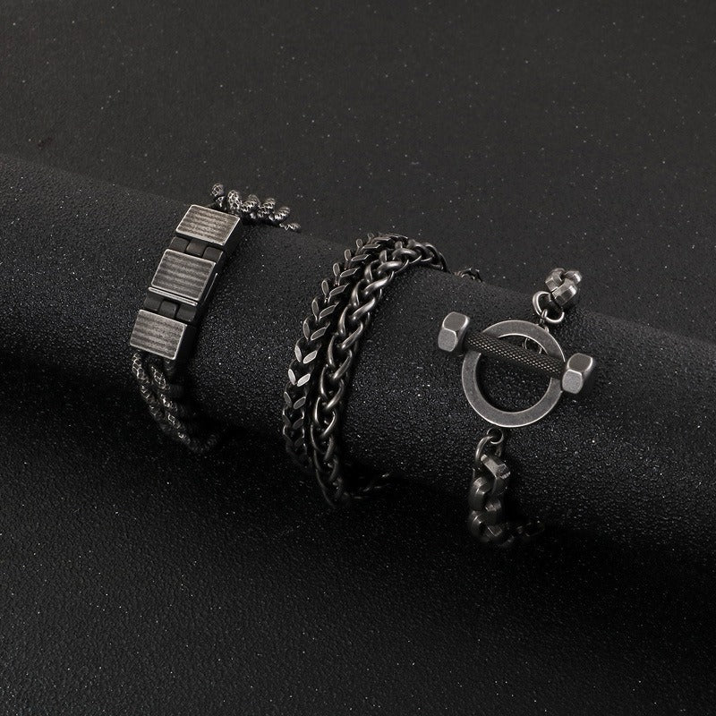 Kemstone Retro Hammered Barbell Titanium Steel Bracelet for Men: Vintage Style with Double Chain Detail KB123280