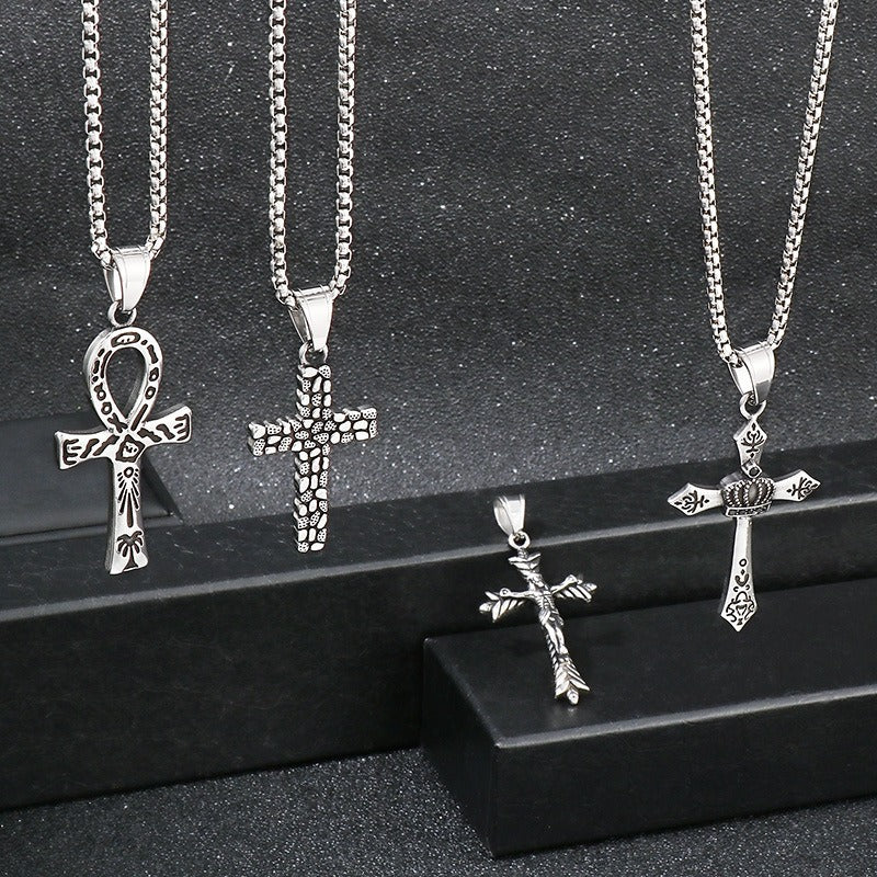 Kemstone Titanium Steel Punk Crown Cross Pendant – Vintage Hieroglyphic Engraved Necklace KP120067