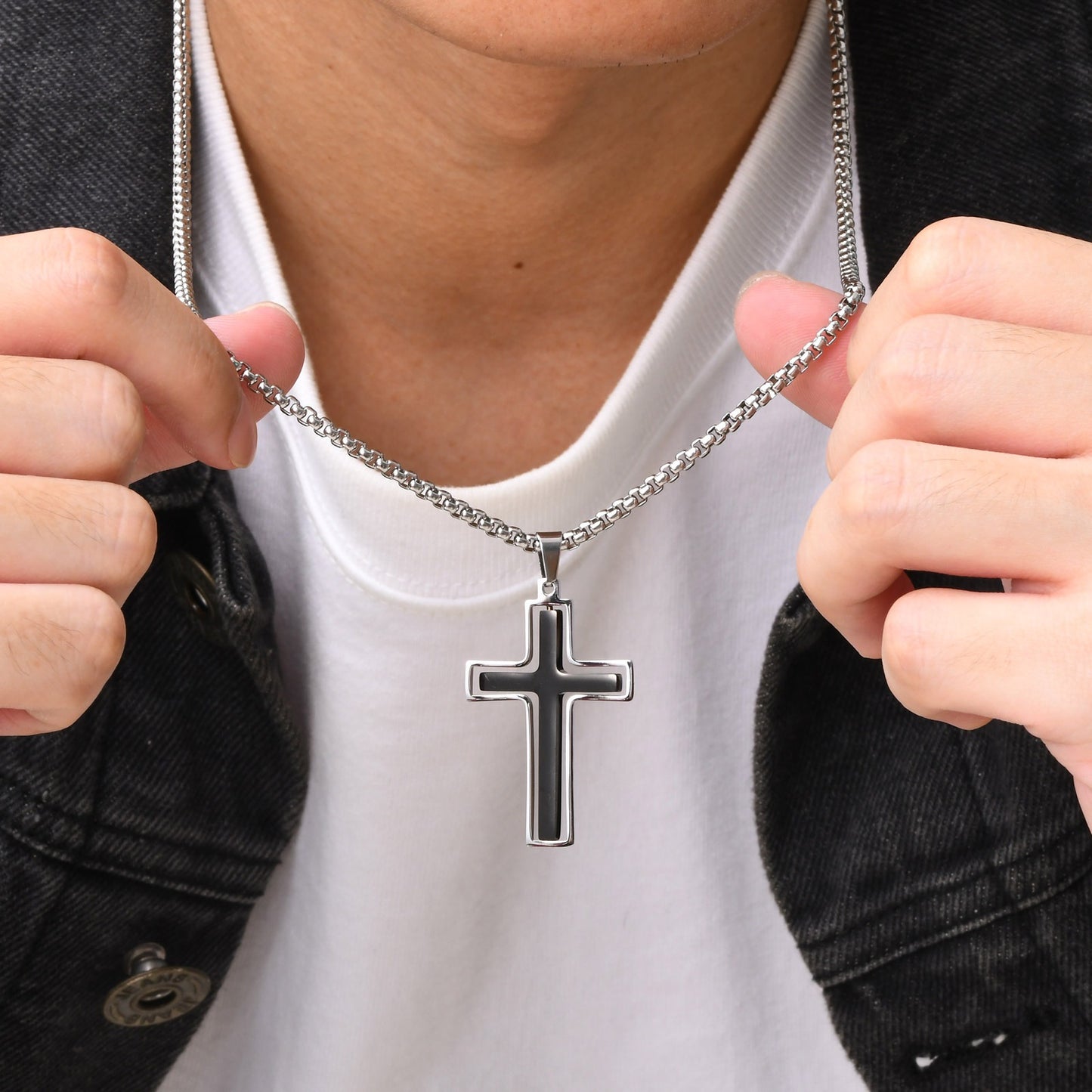 Men’s Rotating Cross Pendant Necklace – Gothic Dual-Layer Stainless Steel Chain PN-1998