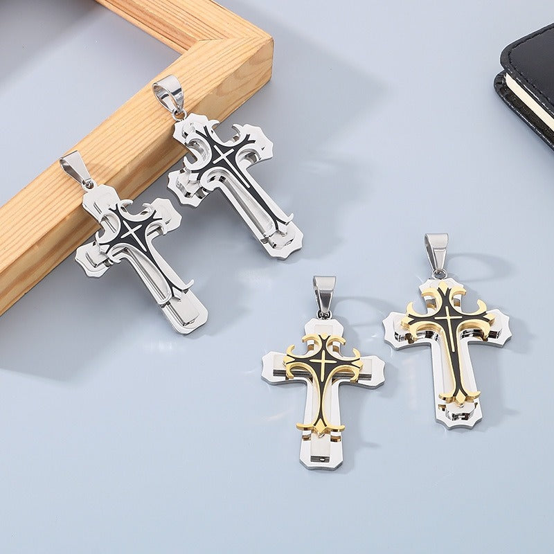 Kemstone Triple-Layer Gothic Cross Pendant Necklace – Stainless Steel Byzantine Chain KP78915