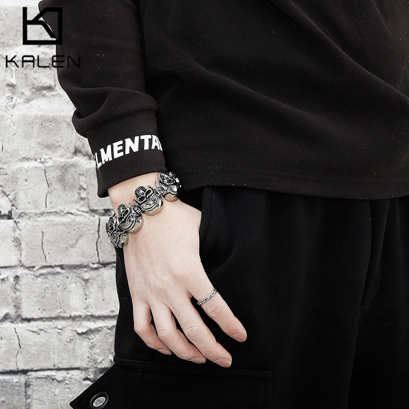 Kemstone Gothic Skull Titanium Steel Bracelet – Matte Black Rock Chain for Men’s Punk Streetwear KB80462-BD