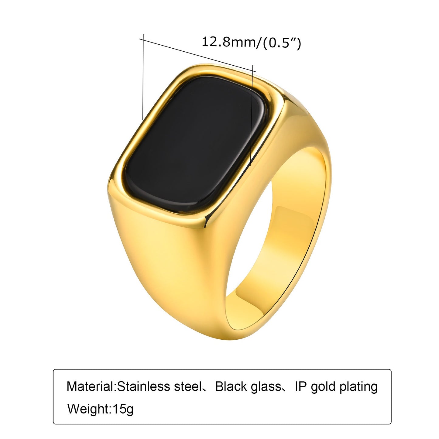 Kemstone Gold Stainless Steel Signet Ring for Men – Rectangle Black Stone Gothic Statement RC-619