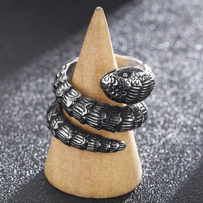 Kemstone Dark Forge Coiled Python Ring - Industrial Punk Stainless Steel Men's Statement Jewelry KR104866-KJX