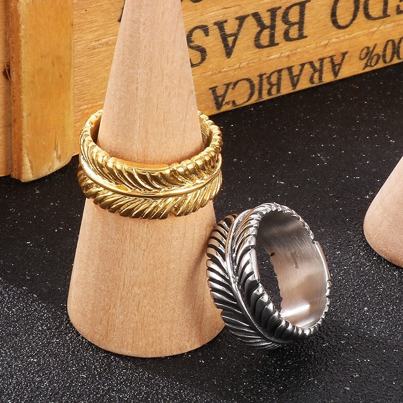 Kemstone Leaf Motif Titanium Steel Ring – Boho Gothic Nature-Inspired Punk Jewelry for Men KR108704