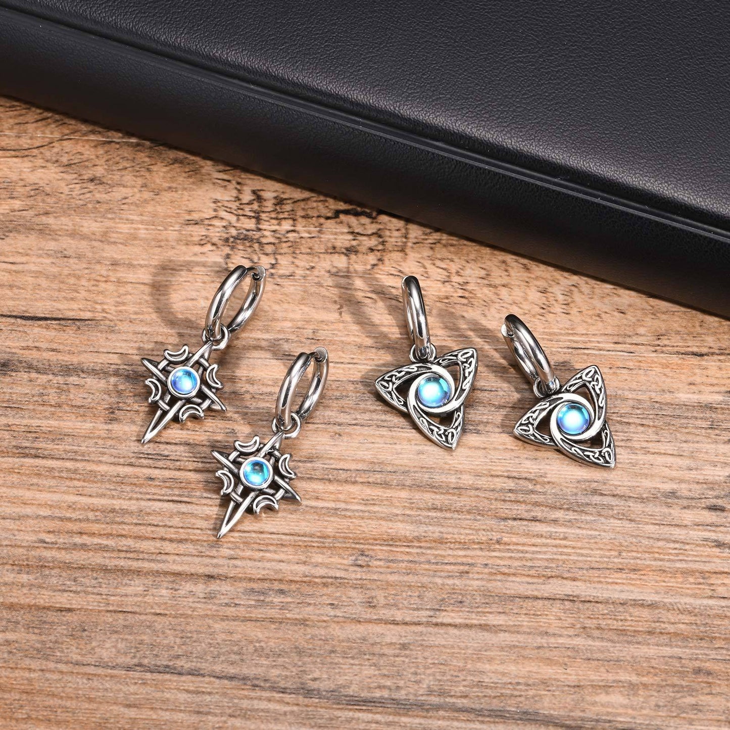 Kemstone Celtic Stainless Steel Moonstone Hoop Earring for Men – Gothic Star & Triquetra Drop Design 769