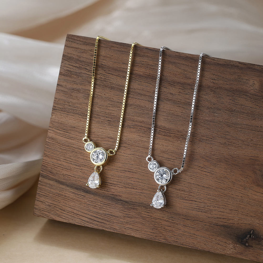 Kemstone S925 Sterling Silver Box Chain CZ Necklace for Women – Teardrop Pendant Clavicle Chain, Silver & Gold A4-APN47