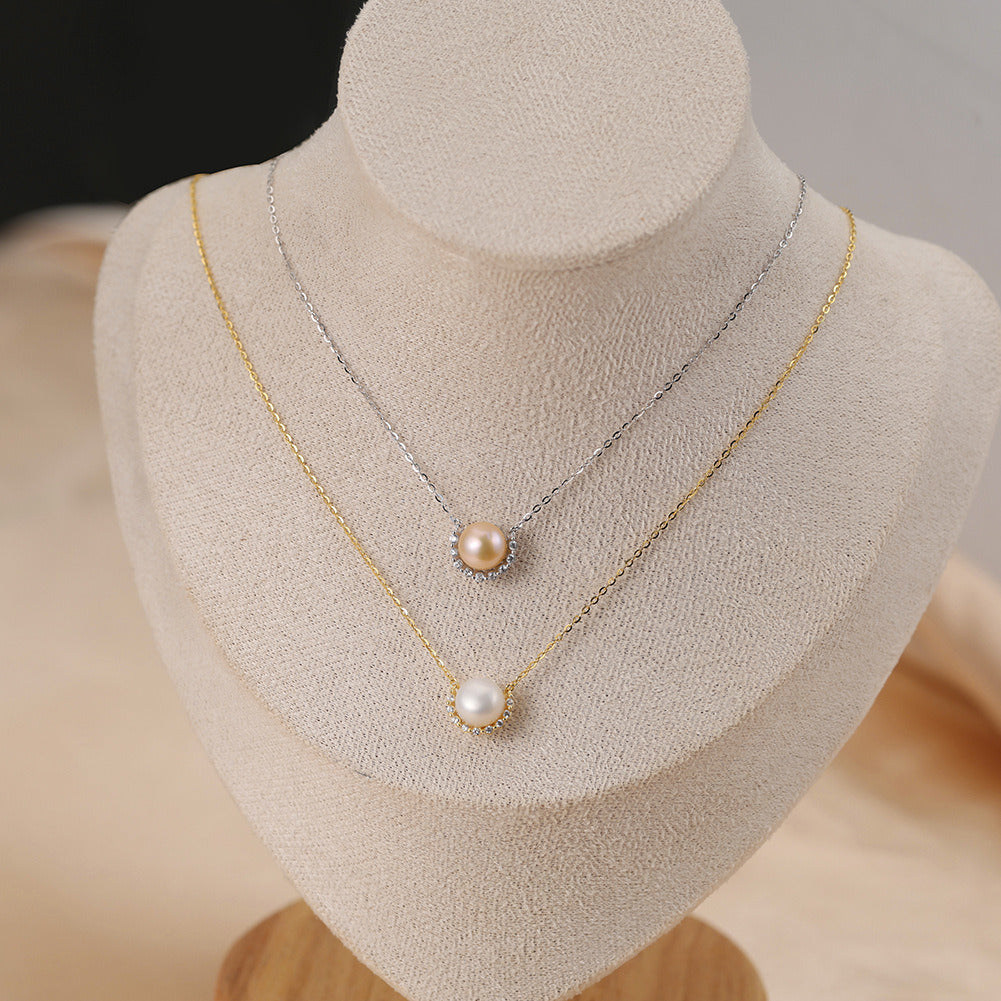 Kemstone 925 Sterling Silver Freshwater Pearl Pendant Necklace – 7.5–8mm Pearl Smile Necklace for Women, Gold & Silver Dainty Jewelry Gift A4-GPN87
