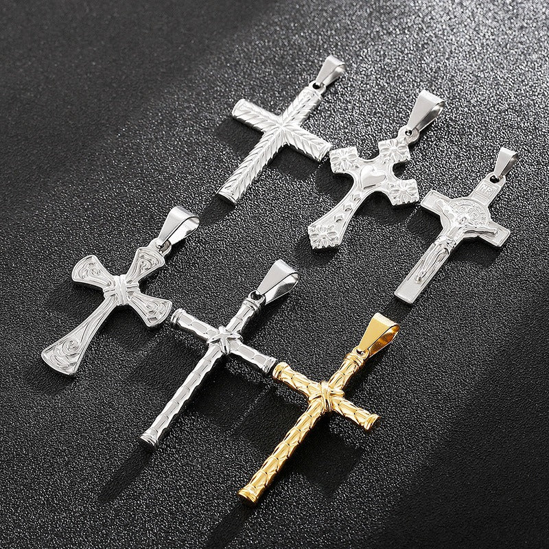 Kemstone Twisted Cross Pendant – Retro Titanium Steel Necklace for Men KP81525-K