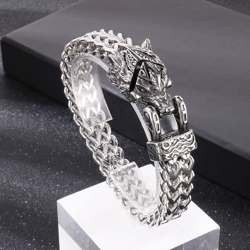 Kemstone Eagle & Wolf Head Titanium Steel Bracelet - Reversible Chain Punk Design for Men KB179515