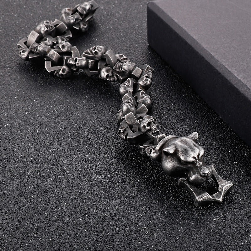 Kemstone Heavy Skull Panther Head Chain Bracelet for Men – Gothic Stainless Steel Biker Jewelry KB156415
