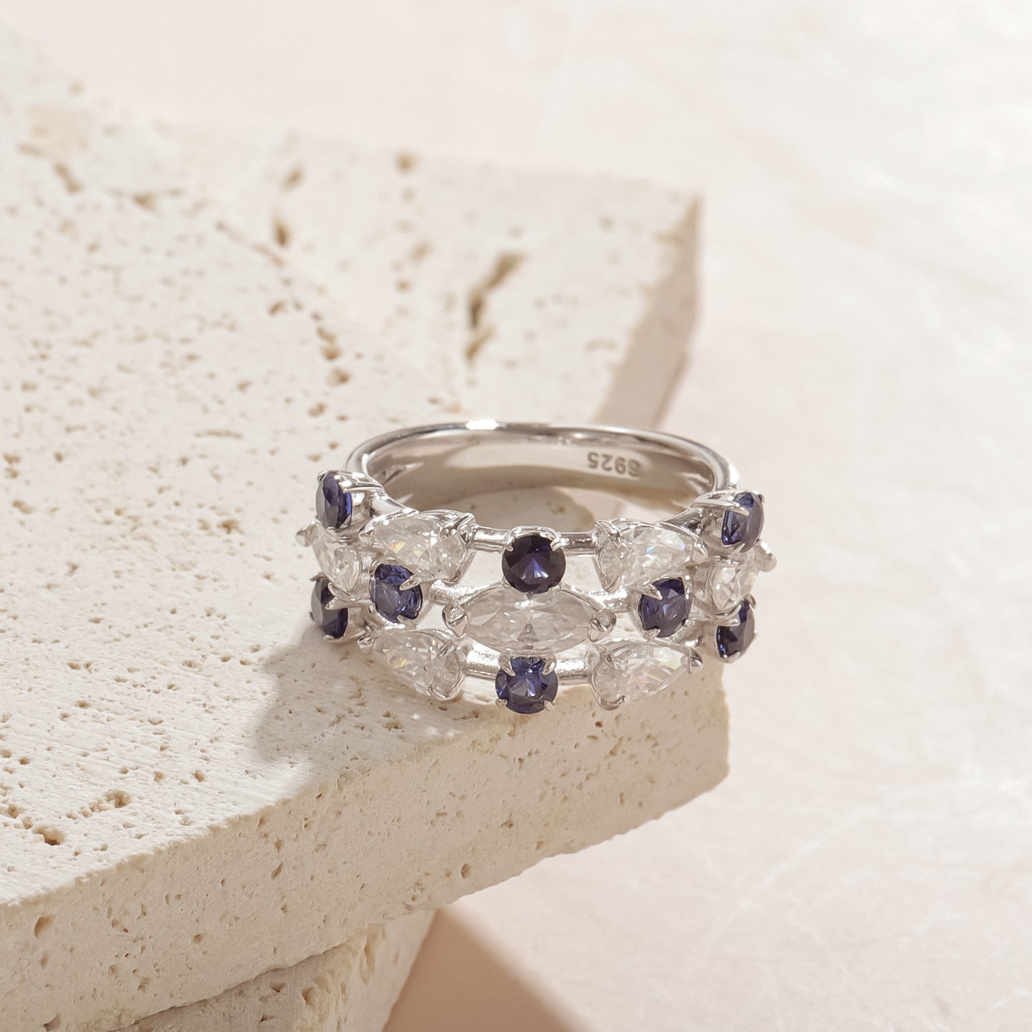 S925 Sterling Silver Ring with Lab-Created Blue Sapphires & Moissanite – Modern Elegance in Motion OL1352RMC
