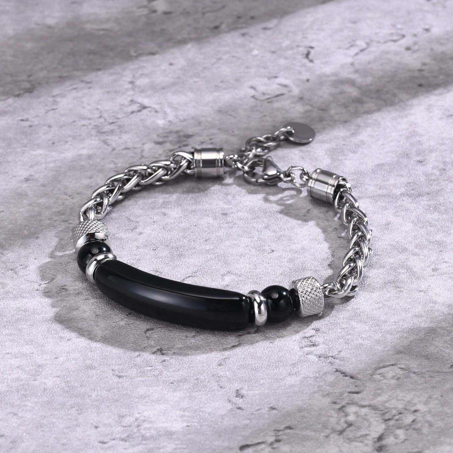 Kemstone Men’s Stainless Steel Beaded Chain Bracelet – Tiger Eye & Black Onyx, Gothic Norse Street Style BR-1716