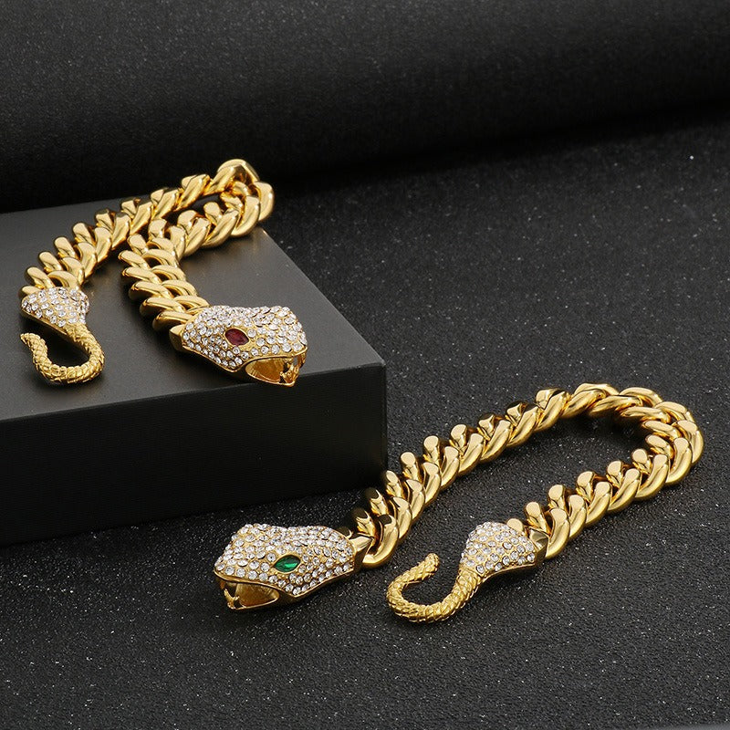 Kemstone Titanium Steel Cuban Chain Bracelet – Double-Sided Polished Hip Hop Snake Head, Green or Red Eyes KB185251