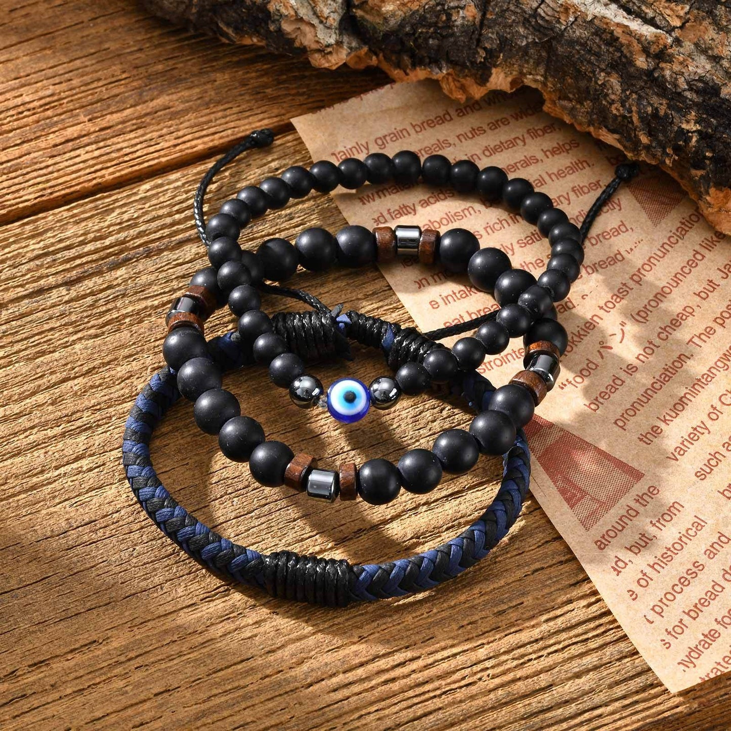 Kemstone Men’s Beaded Bracelet Set – Black Onyx, Lava Stone & Leather BR-2751