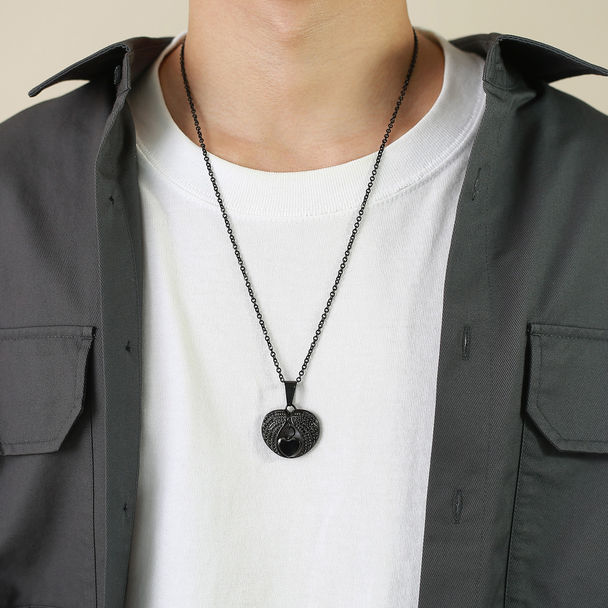 Kemstone Openable Winged Heart Necklace for Men Stainless Steel Black PN-1523