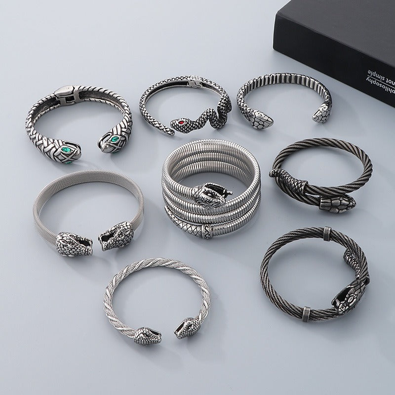 Kemstone Snake Head Stainless Steel Bracelet – Gothic Punk Open Cuff for Men, Dual or Single Layer, Retro Viking Style KB156931