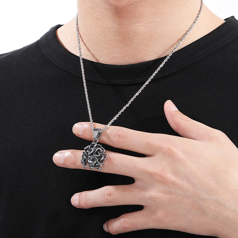 Kemstone Men’s Snake Pendant Necklace – Stainless Steel Gothic Punk Amulet, Norse Dark Jewelry KP55376-BD