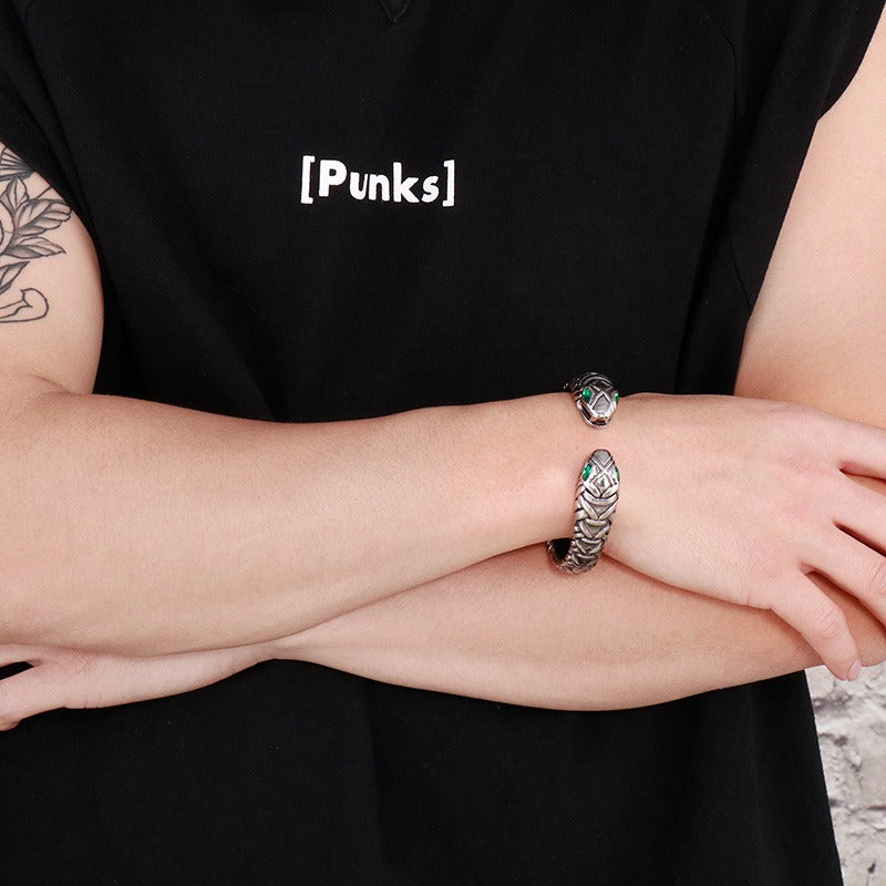 Kemstone Men’s Snake Cuff Bracelet Collection – Punk Norse Stainless Steel Open Bangle Gothic Streetwear KB139904