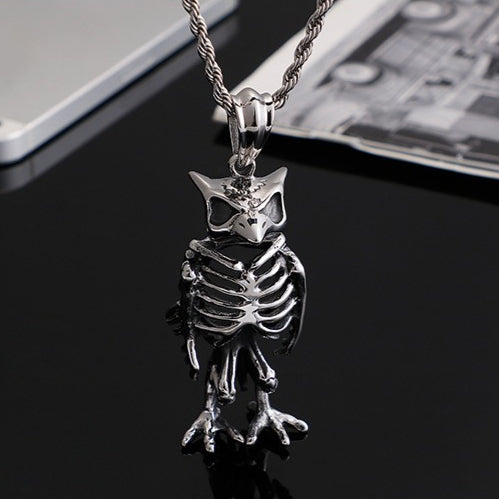 Kemstone Titanium Steel Owl Skeleton Necklace – Gothic Punk Jewelry for Men KP80011-BD
