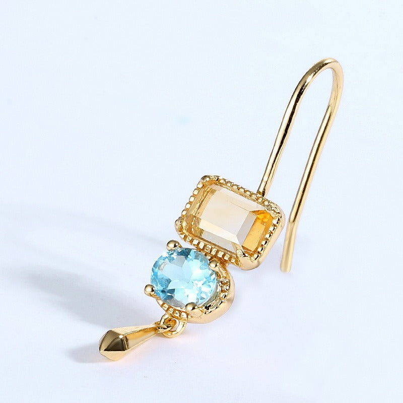 Pendientes geométricos de lujo de Kemstone, hechos a mano, con citrino natural y topacio azul suizo, diseño original - Plata de ley S925 bañada en oro