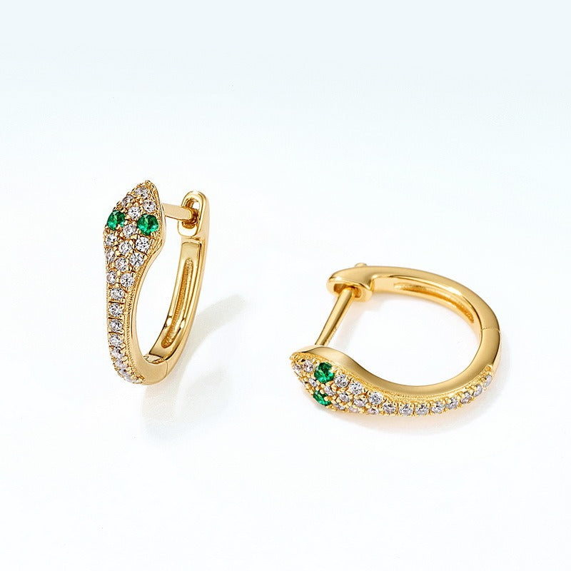 Pendientes de aro con diseño de serpiente, hechos a mano por Kemstone - Plata S925 con nanocircón verde y baño de oro de 9 quilates