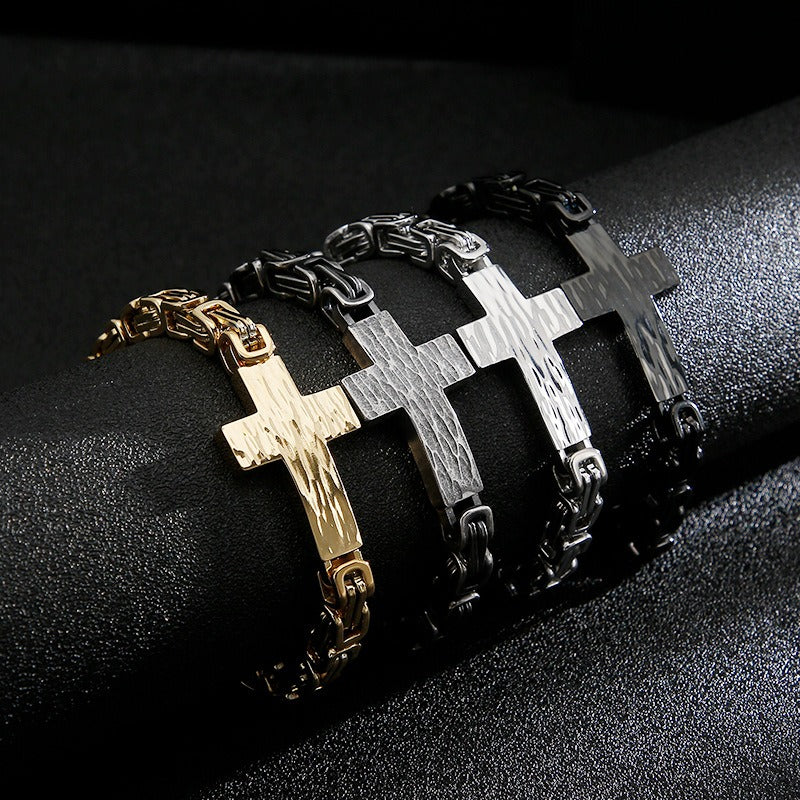 Kemstone Cross Pendant Retro Bracelet – Titanium Steel Cuff with Imperial Chain Design for Men KB122384