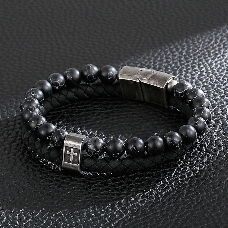 Bracciale da uomo in acciaio inossidabile Kemstone con croce in pelle e pietra turchese KB136651