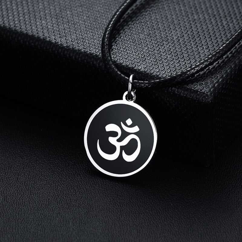 Black Om Symbol Pendant Necklace for Men – Stainless Steel Round Medallion on Leather Cord PN-1287