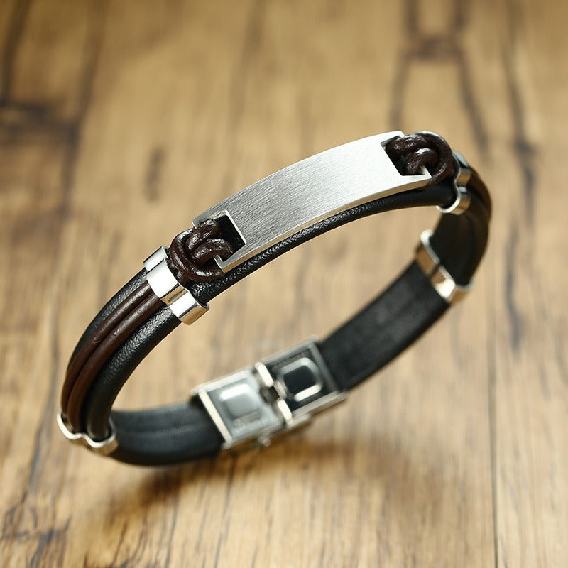 Men's Black Leather Bracelet with Matte Stainless Steel Plate – Gothic Street Power Style BL-344