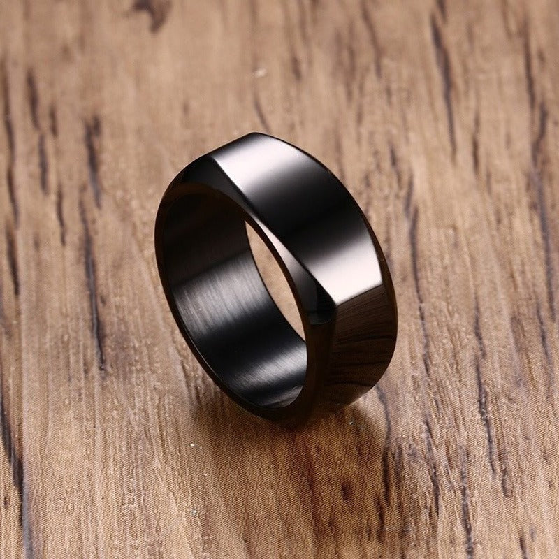 Kemstone 8mm Black Stainless Steel Men’s Ring – IP Plated, High Polish Minimalist Style R-383