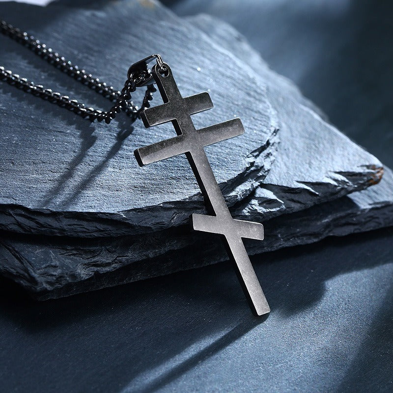 Men's Stainless Steel Orthodox Cross Necklace – Bold Double Bar Gothic Pendant PN-831