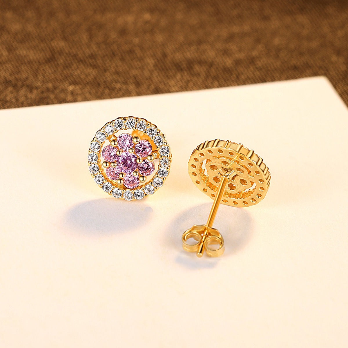 Pendientes Kemstone con delicados circonitas rosas | Diseño floral minimalista en plata S925 para mujer SE20060937