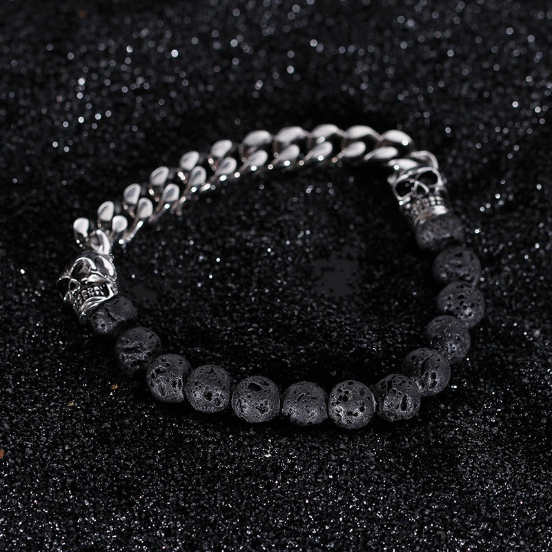 Kemstone Stainless Steel Skull & Volcanic Stone Mala Bracelet – Ethereal Energy Fusion KB66361