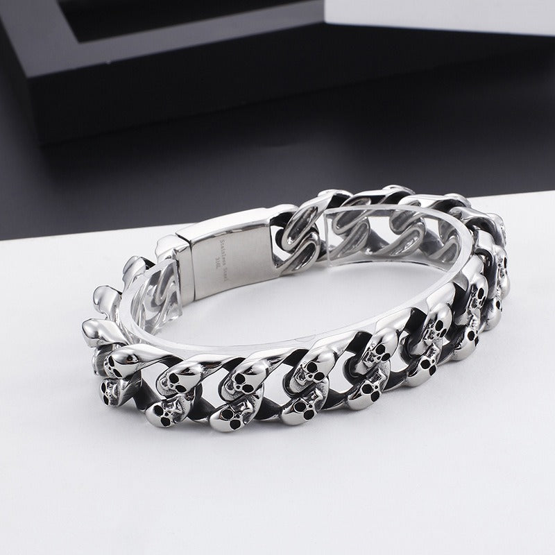 Kemstone Titanium Steel Men's Bracelet - Bold Skull Design with Thick Chain for Edgy Streetwear Style KB80115-BD