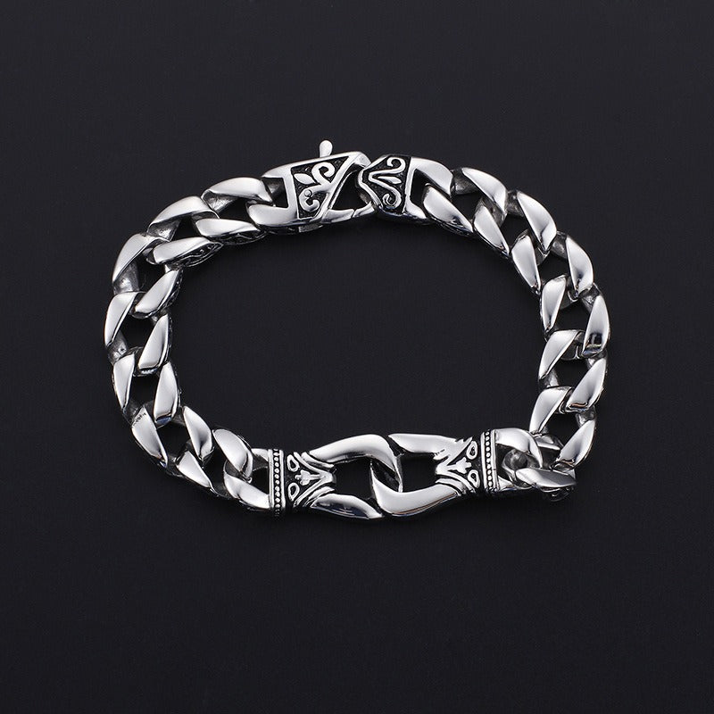 Kemstone Men's Vintage Cuban Chain Bracelet – Engraved Titanium Steel Punk Cuff for Gothic Streetwear KB80116-BD