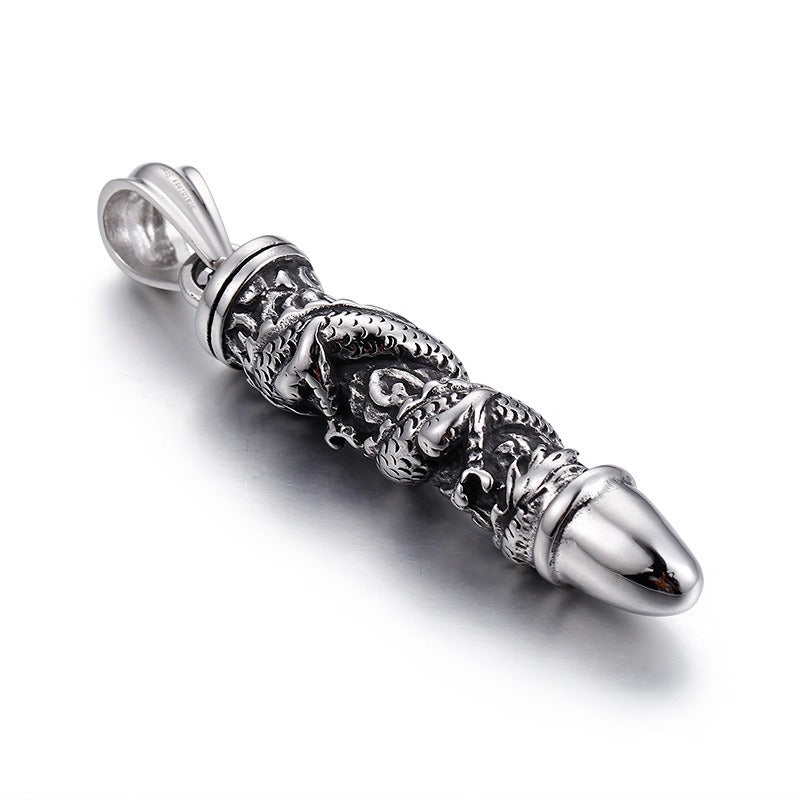 Kemstone Dragon-Wrapped Bullet Pendant – Titanium Steel Necklace for Men, Rugged Norse-Inspired Urban Style KP55643