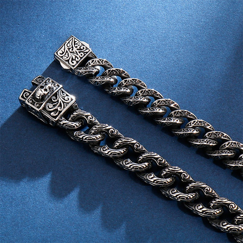Kemstone Tribal Skeleton Chain Bracelet – Distressed Titanium Steel Men's Gothic Link Jewelry KB121932