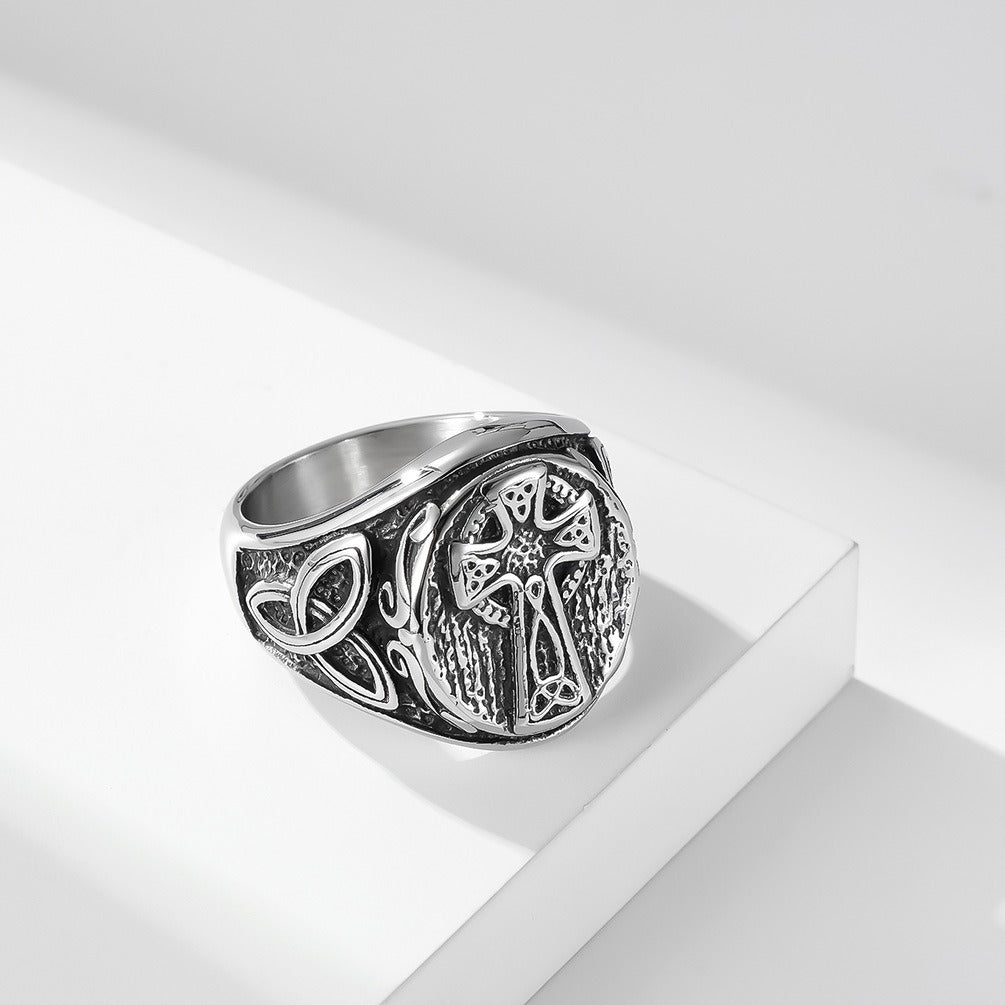 Kemstone Men’s Titanium Steel Celtic Cross Ring – Eternal Knot Design K-R647