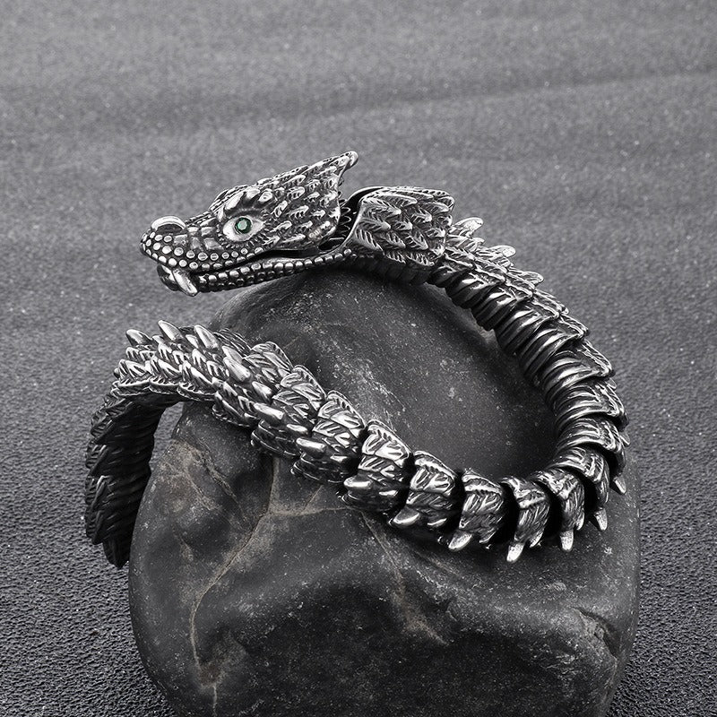 Kemstone Men’s Dragon Head Bracelet – Blackened Stainless Steel with Green Eyes KB170307