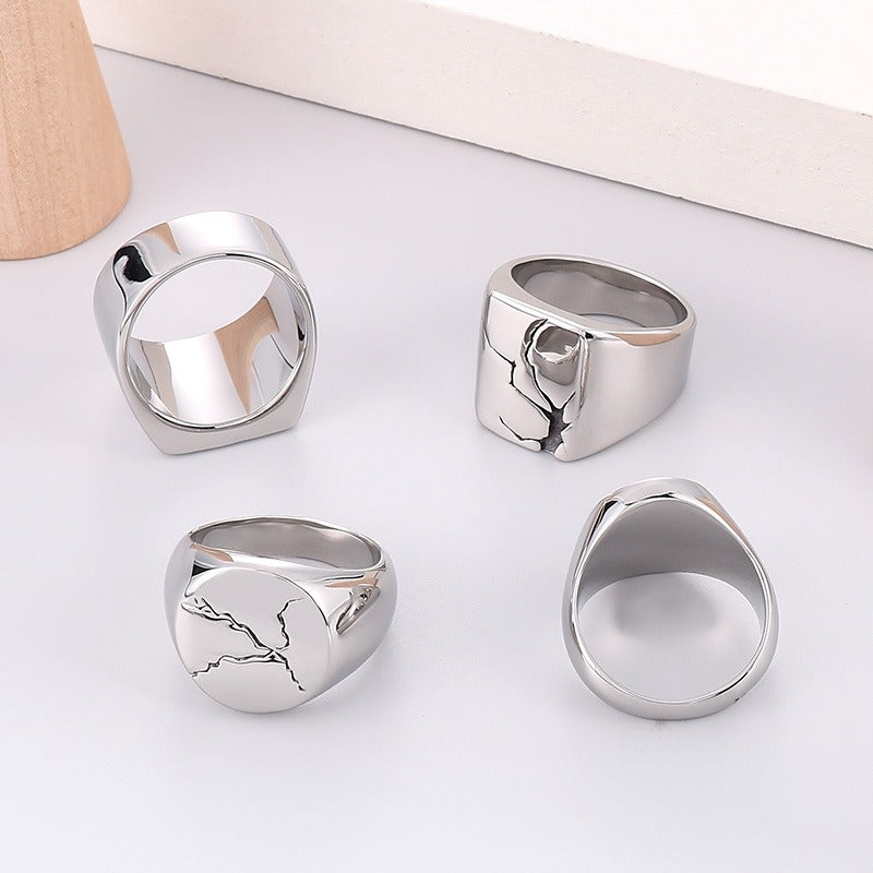 Kemstone Cracked Texture Stainless Steel Signet Ring – Gothic Punk Style for Men KR105940-GC