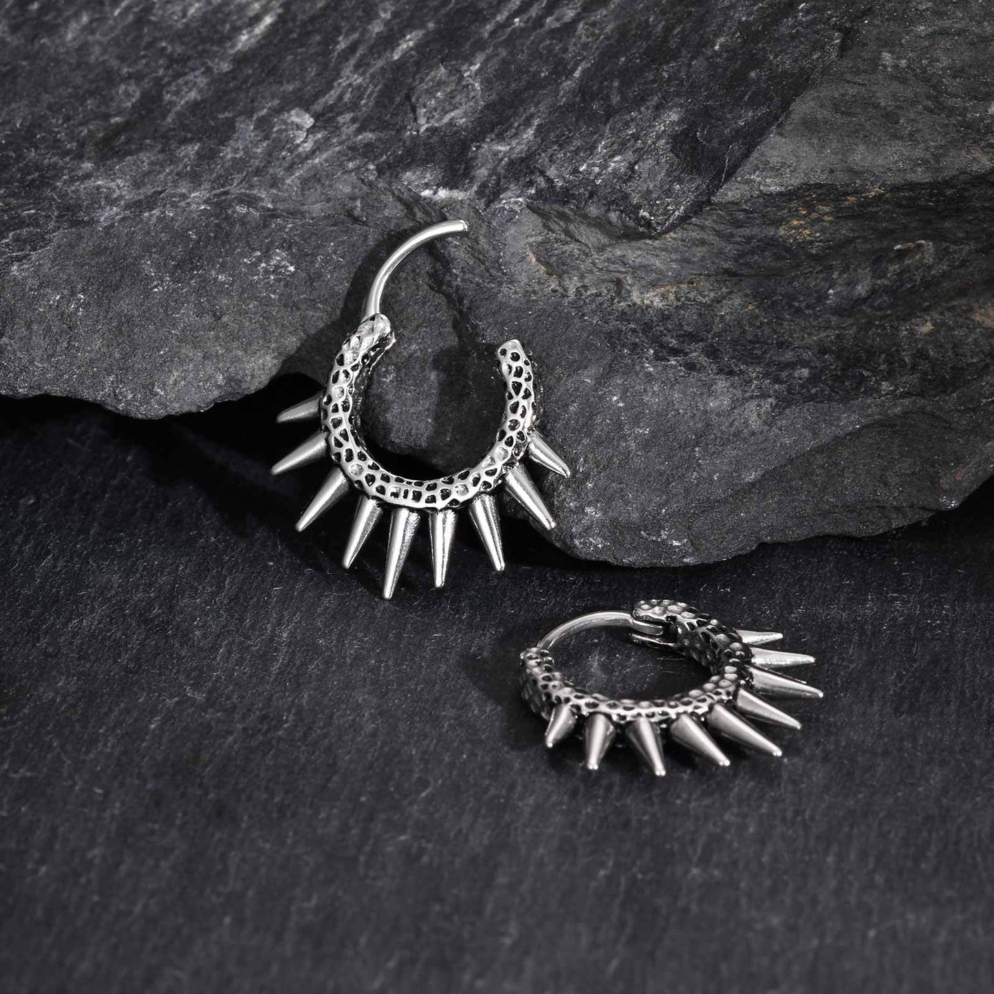 Kemstone Men’s Stainless Steel Spiked Hoop Earring – Silver Punk Gothic Huggie Jewelry EH-820
