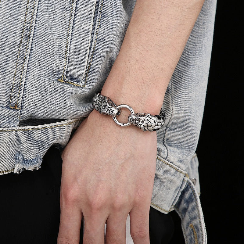 Kemstone Stainless Steel Wolf Design Ring Titanium Mesh Cuff Bracelet for Men - Punk Edge Charm Jewelry KB154970
